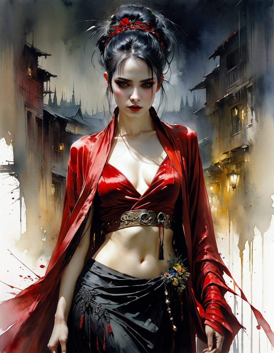 Beautiful Goth Woman in Silk Robe as Watercolor Painting