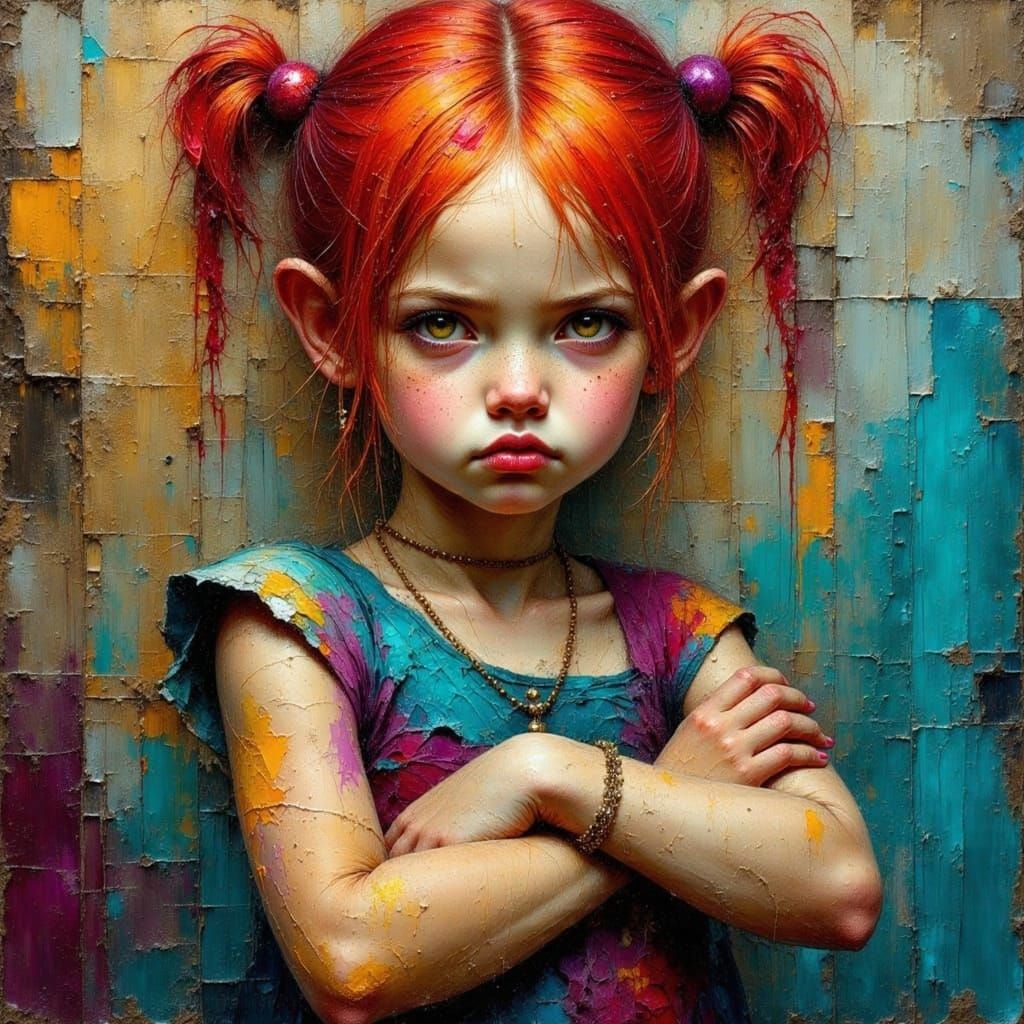 Grumpy Redhead Girl Portrait in Impasto Oil Painting