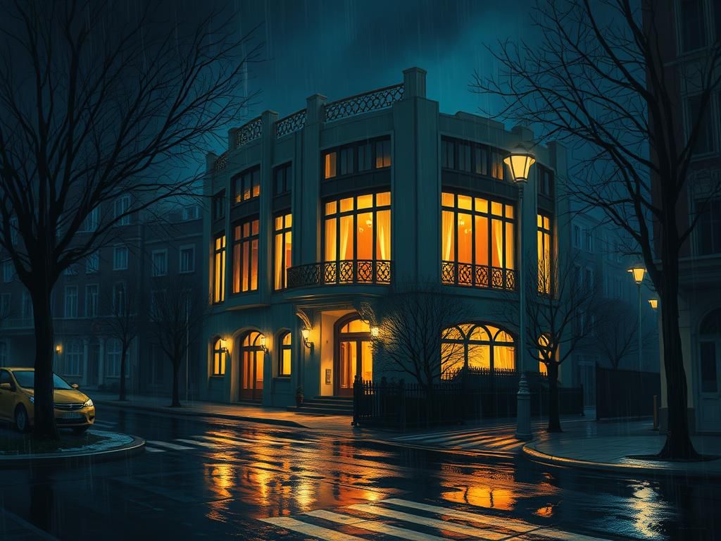 Art-Deco Manor on a Rainy Night, Anime Impressionist