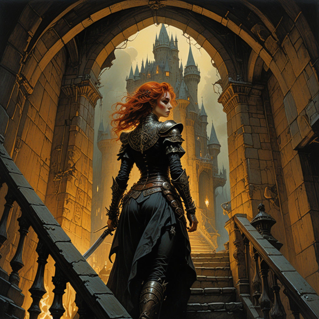 Gothic Fantasy Maiden Ascends Castle Staircase in Warm Golde...