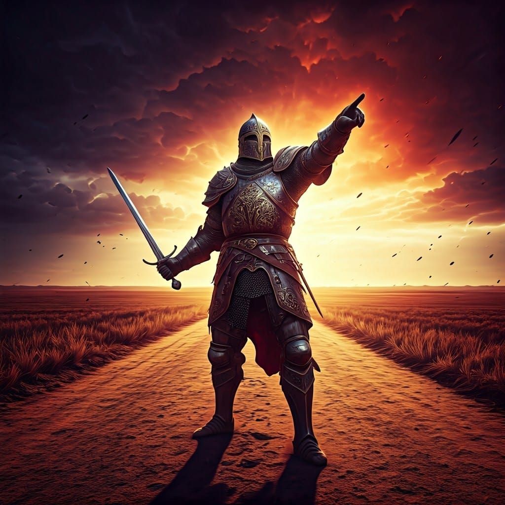 Medieval Warrior Points Sword to Stormy Sky