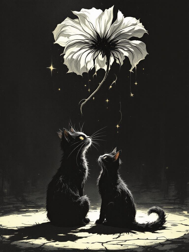 Gothic Cats Under Moonlit Starlight