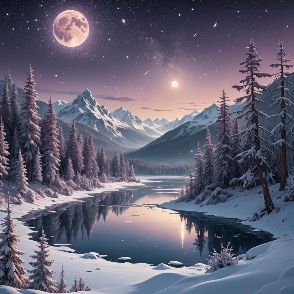 Snowy Lake and Forest Under a Starry Sky