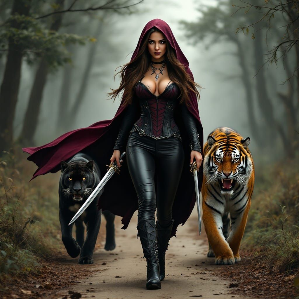 Curvaceous Woman with Swords and Big Cats