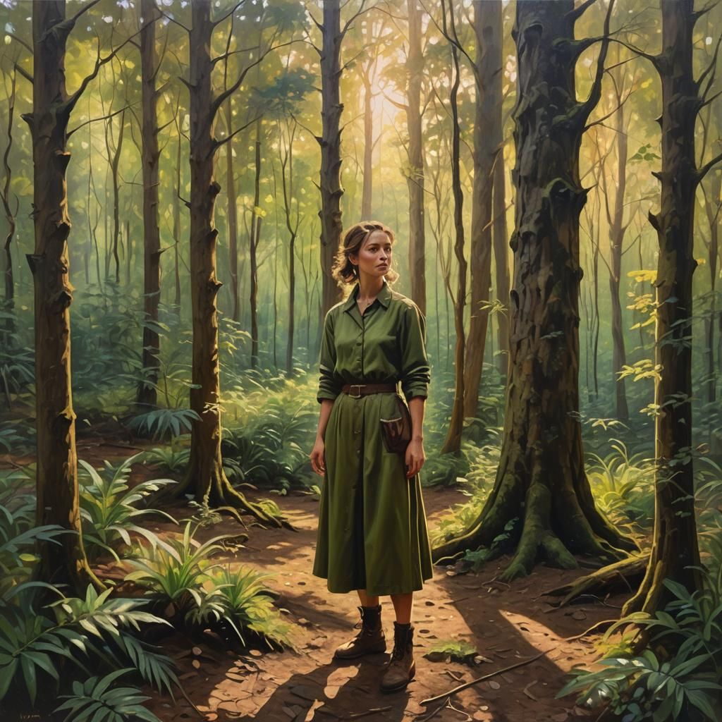 Olive Green Lady in Forest, Oil Painting