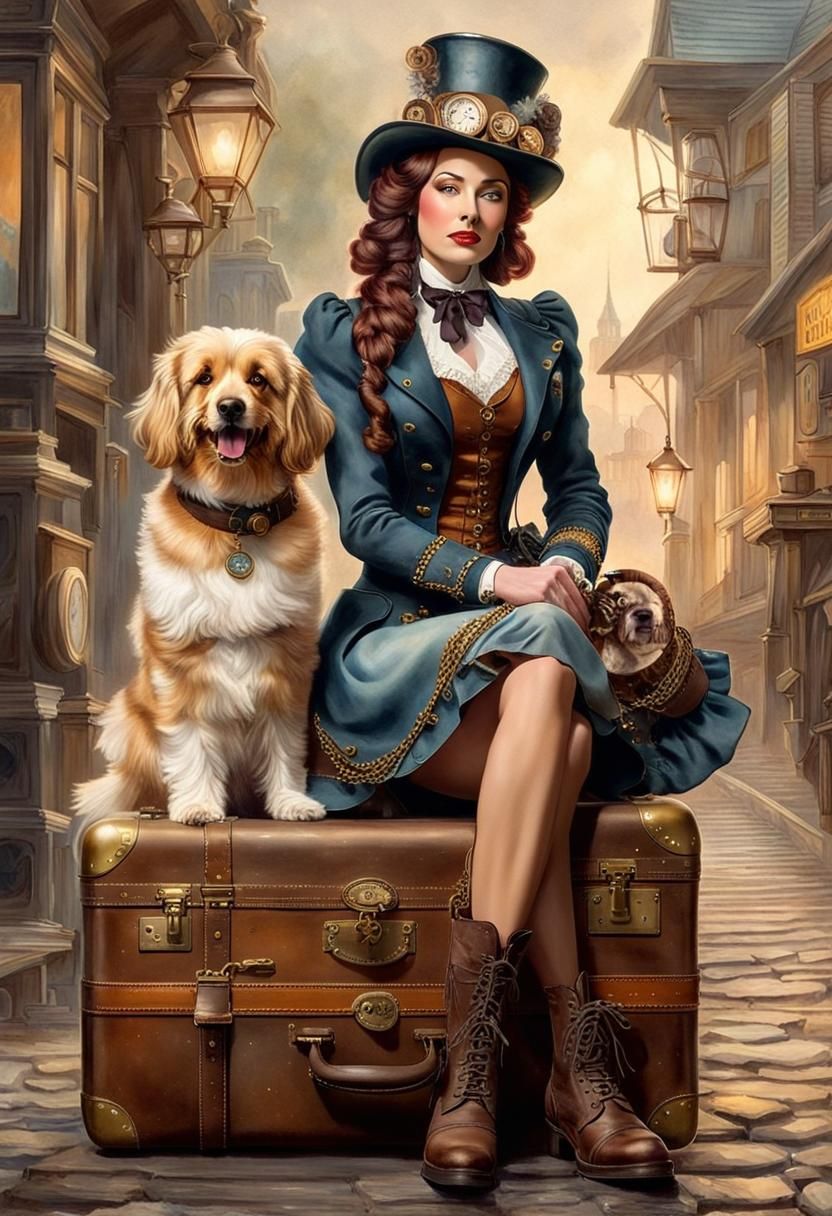 Beautiful steampunk girl is sitting on a big suitcase 🧳, her dog is sitting next to her.