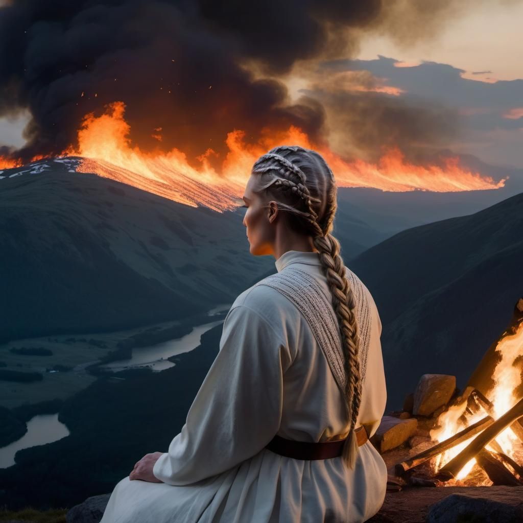 Brunhilde Awaits Siegfried Amidst Fiery Mountain