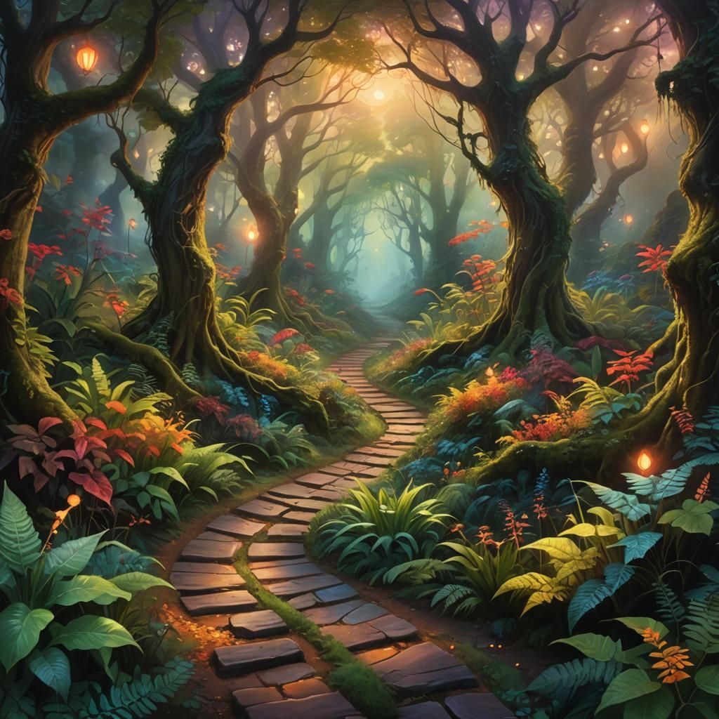 Enchanted Forest Path in Vibrant Oil Painting Style