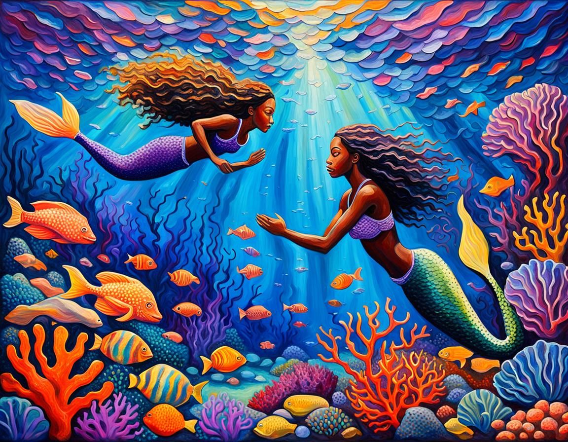 Mermaid Encounter: Neo-Impressionist Ocean Floor Scene