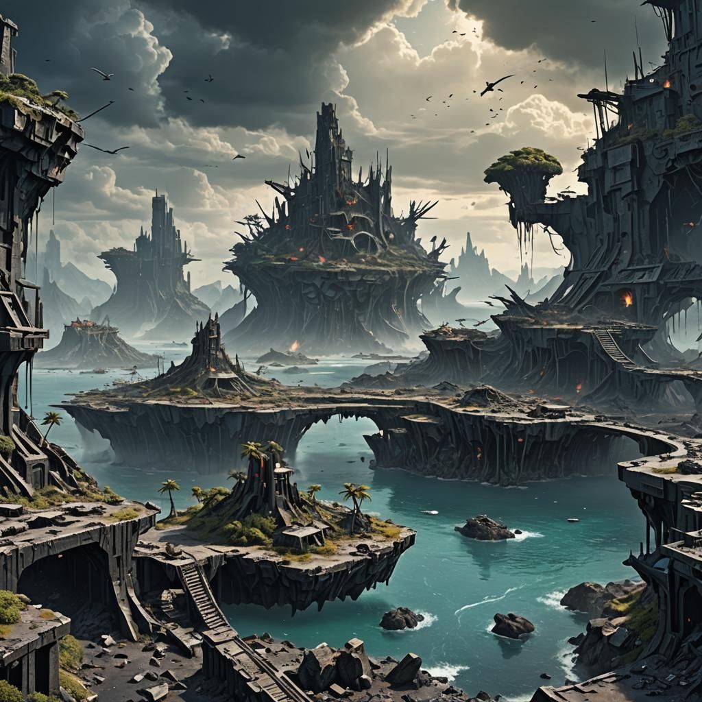 Grimdark fantasy futuristic island destroyed
