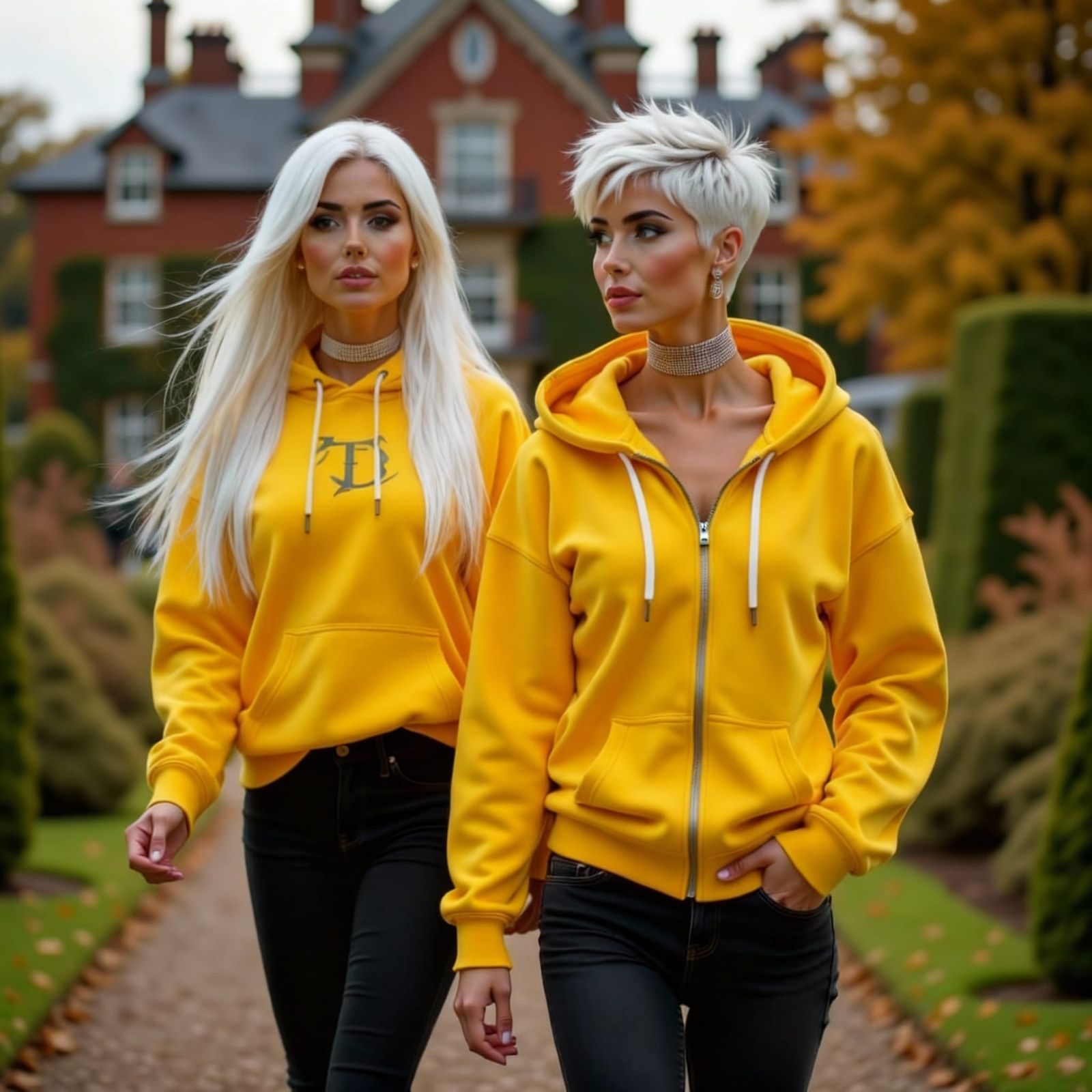 Two Athletic Women in Yellow Hoodies Walk Through Autumn Gar...