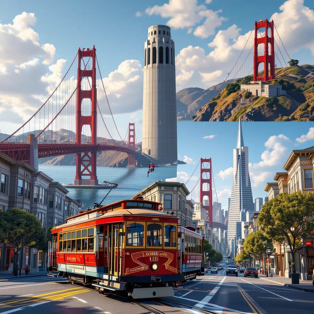 San Francisco Landmark Mashup Collage in Cinematic 3D Style