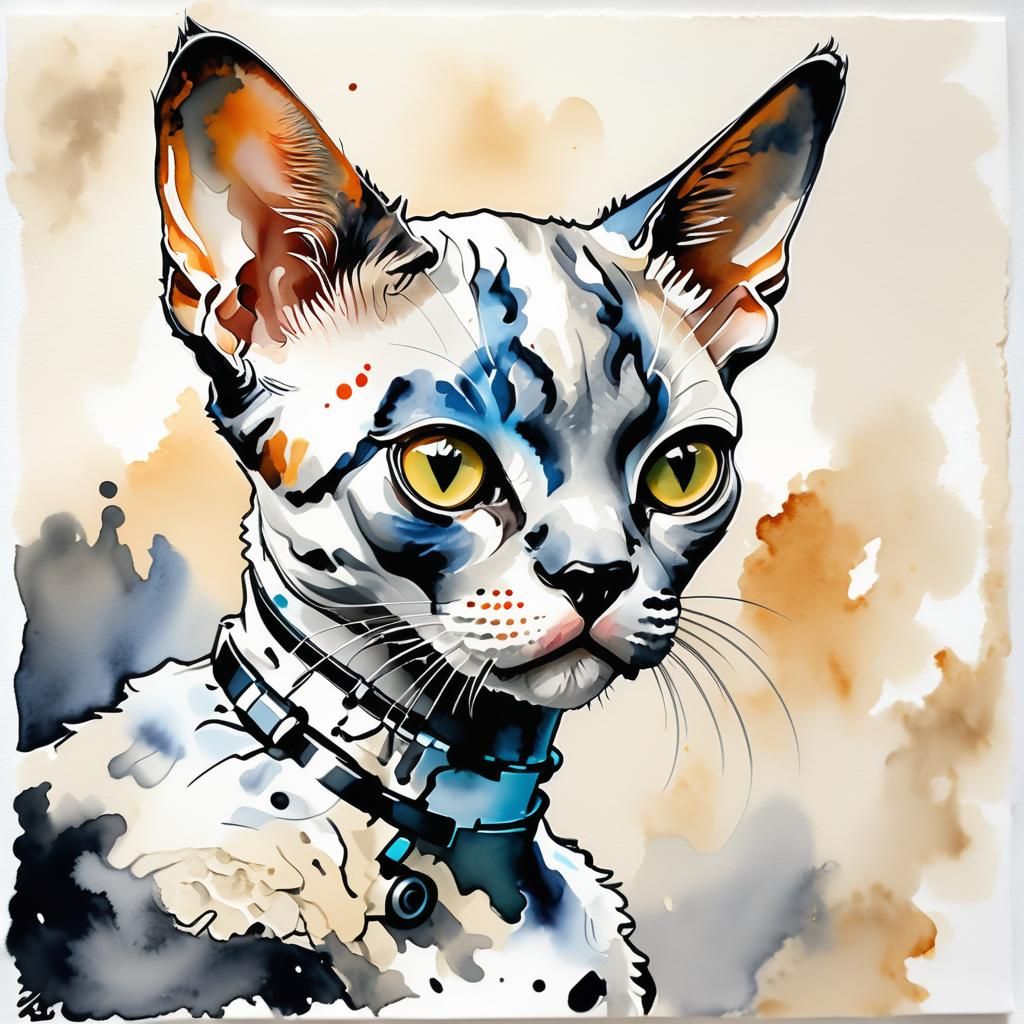 Robotic Devon Rex Portrait in Sumi-e Style