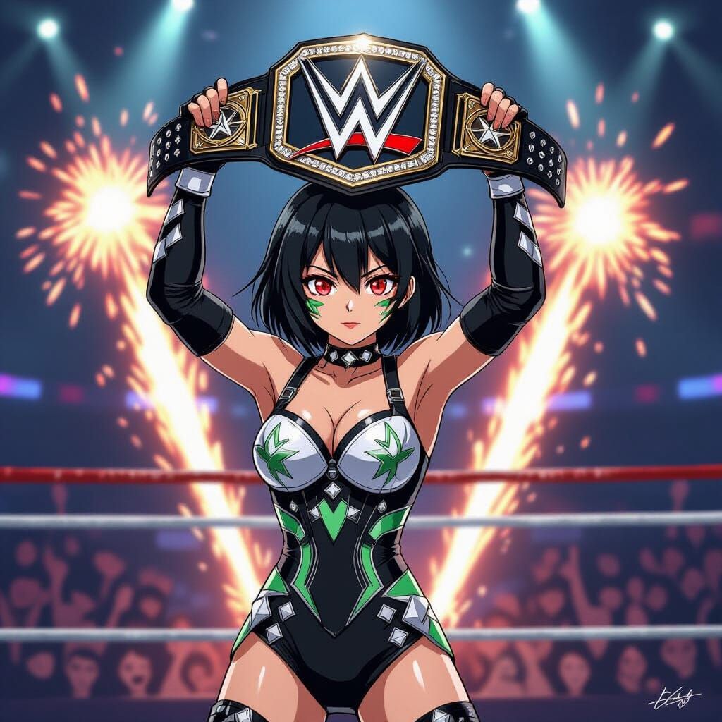 Anime Wrestler Celebrates Victory with Championship and Pyro