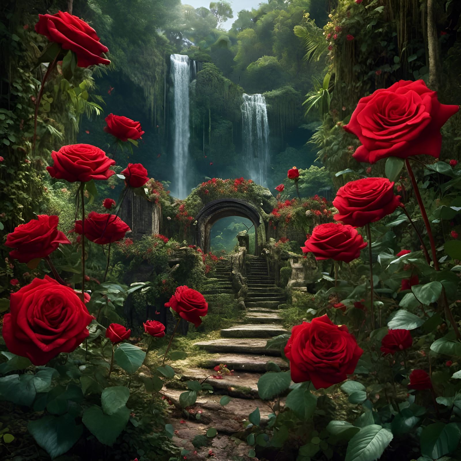 Red Roses in Jungle Garden Near Waterfall