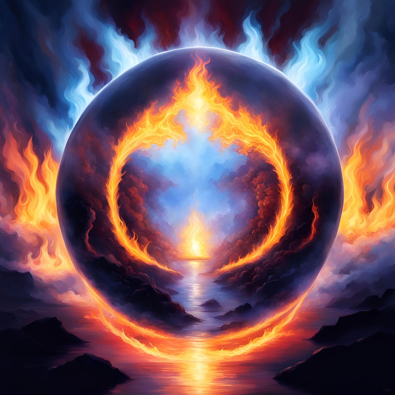 Radiant Figure Walking Through Ethereal Flames