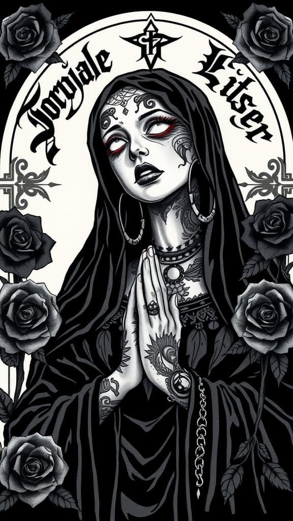 Gothic Saint with Tribal Tattoos in Dark Monochrome