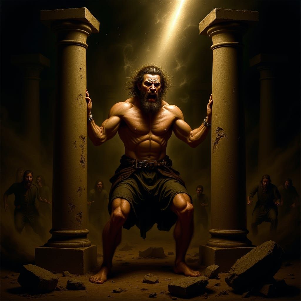 Biblical Samson Braces Against Pillars in Chiaroscuro
