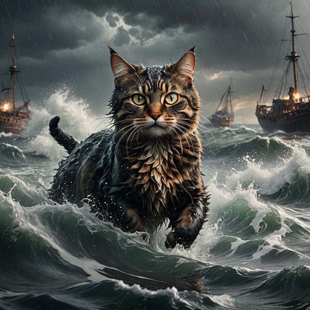 Cat in Stormy Sea: Detailed Fantasy Concept Art