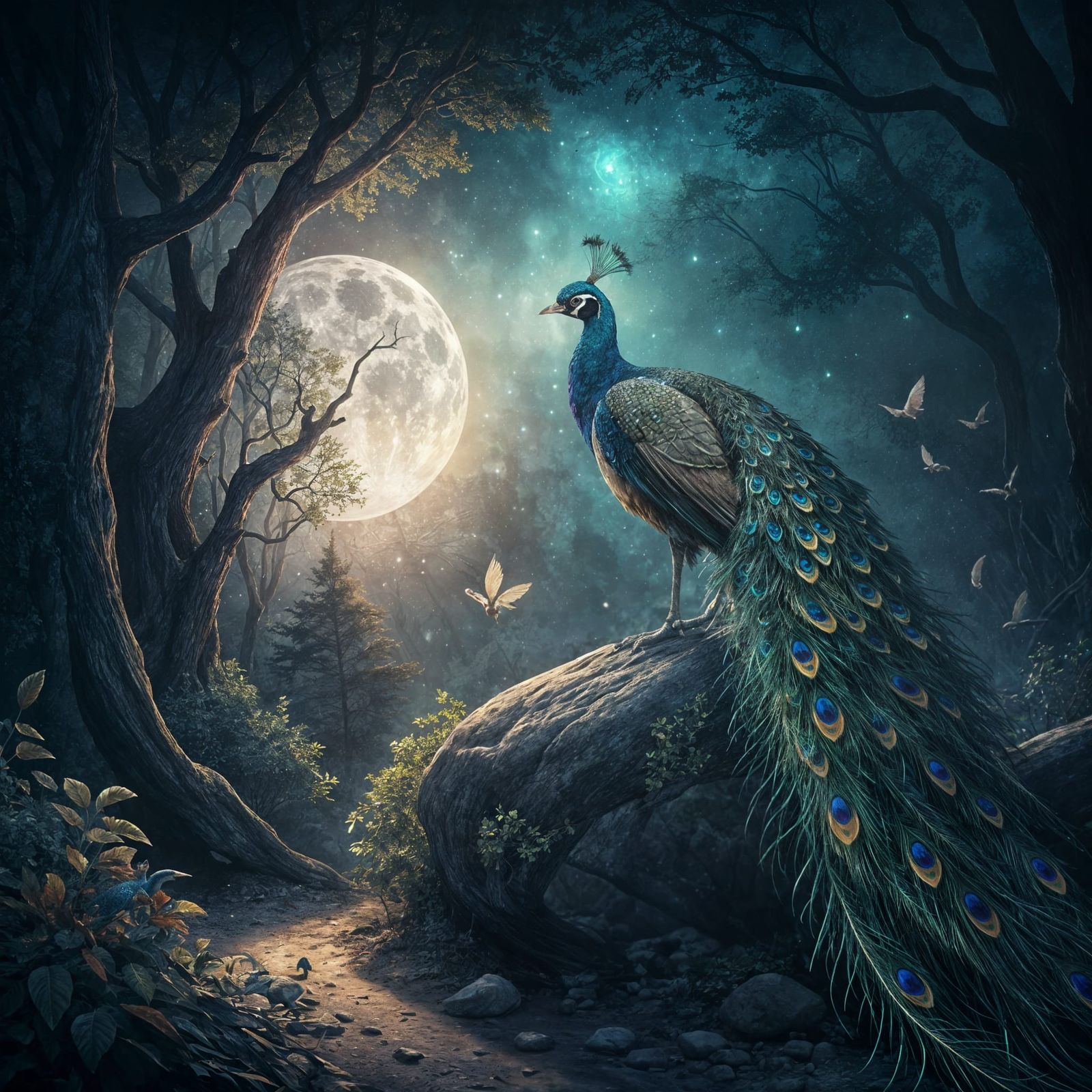 Epic Peacock Illuminated by Full Moonlight in a Dark Forest....
