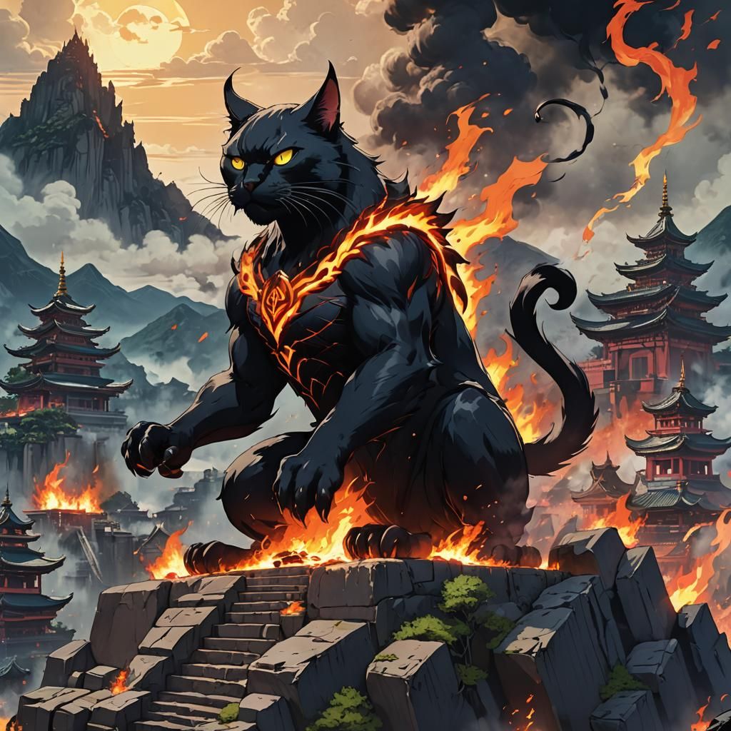 Black Cat Demon Guarding Burning Temple