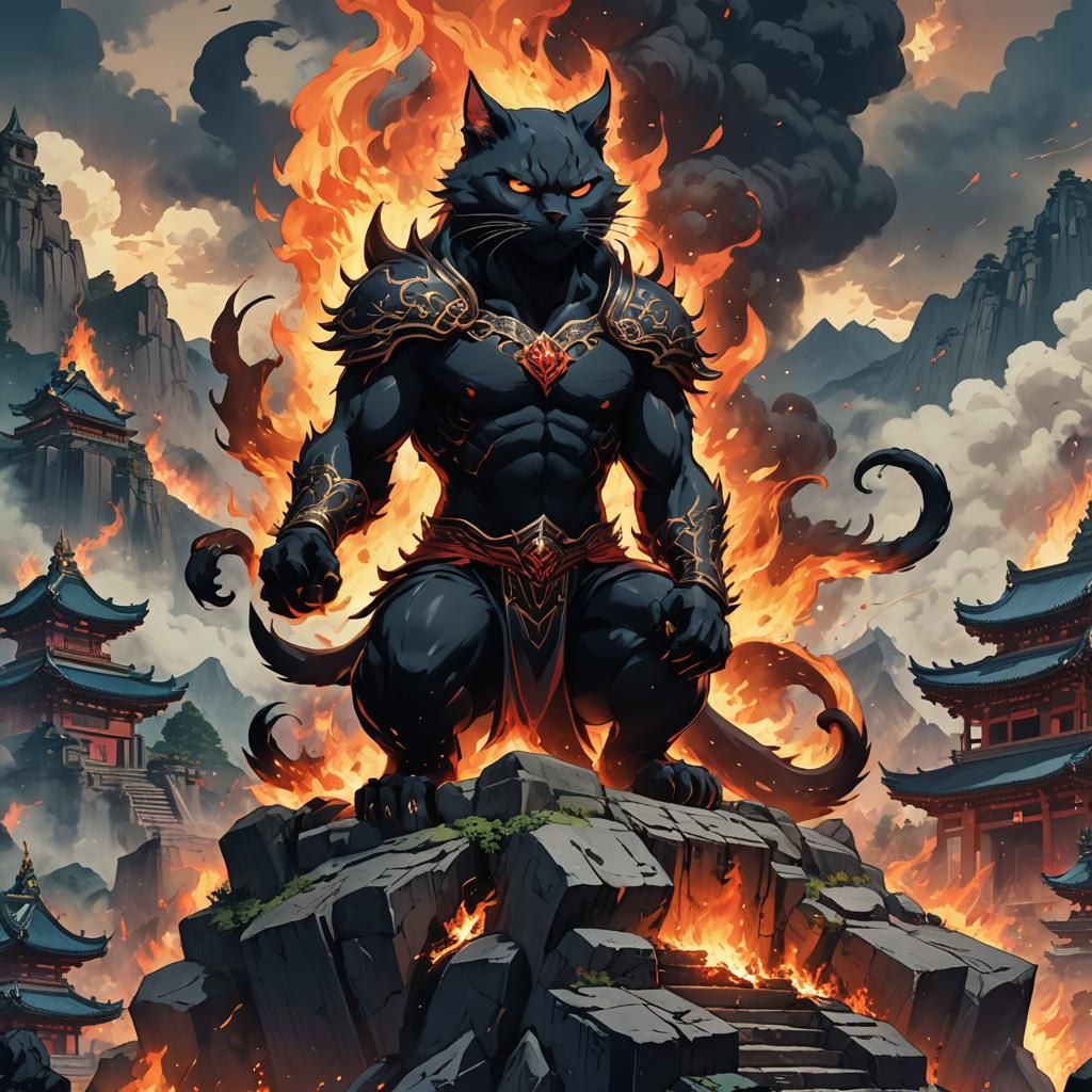 Burning Temple: Giant Demon Cat in Anime Style
