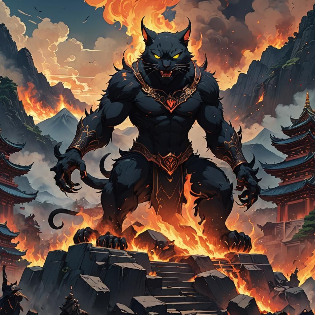 Burning Temple: Giant Demon Cat in Anime Style