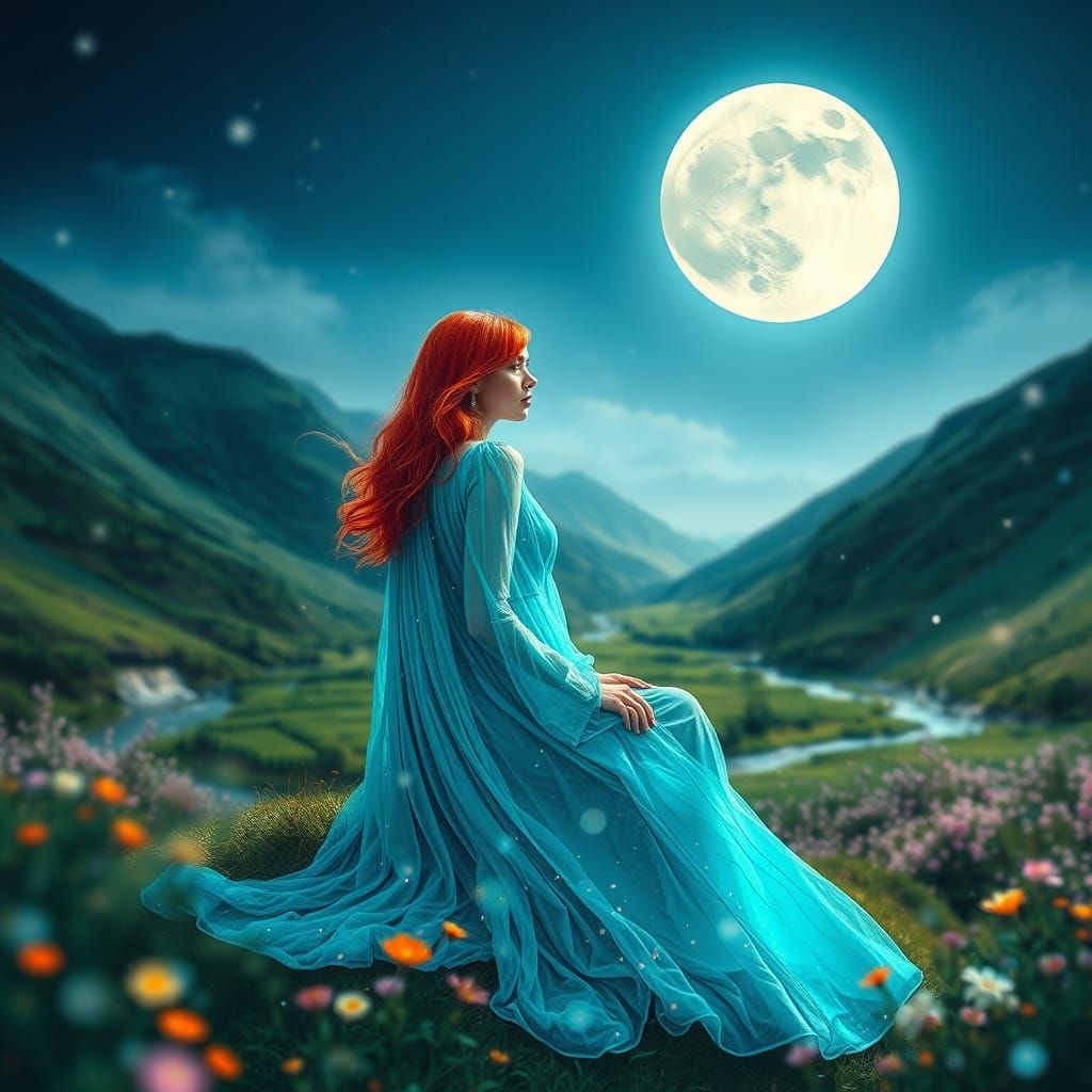 Redhead in Turquoise Dress Under Moonlit Sky