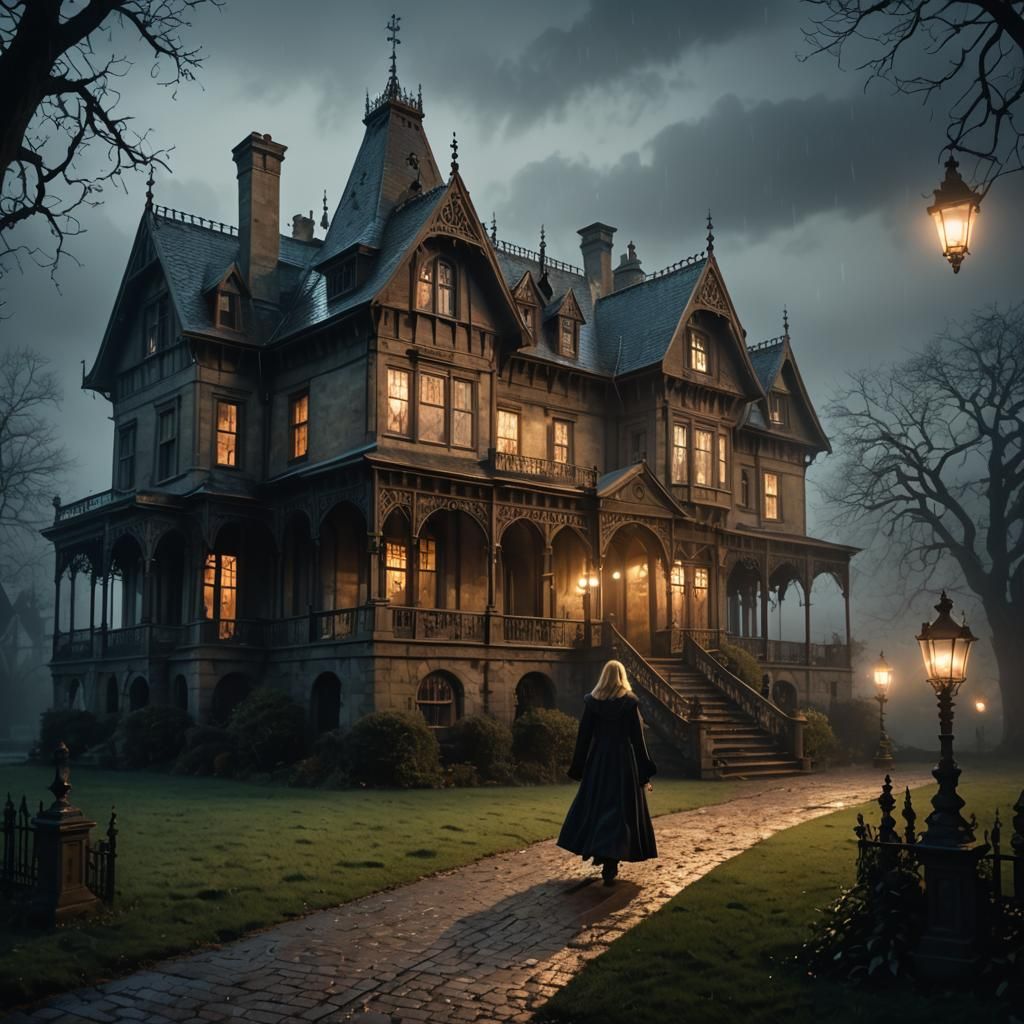 Eerie Victorian Manor Illustration on a Stormy Night