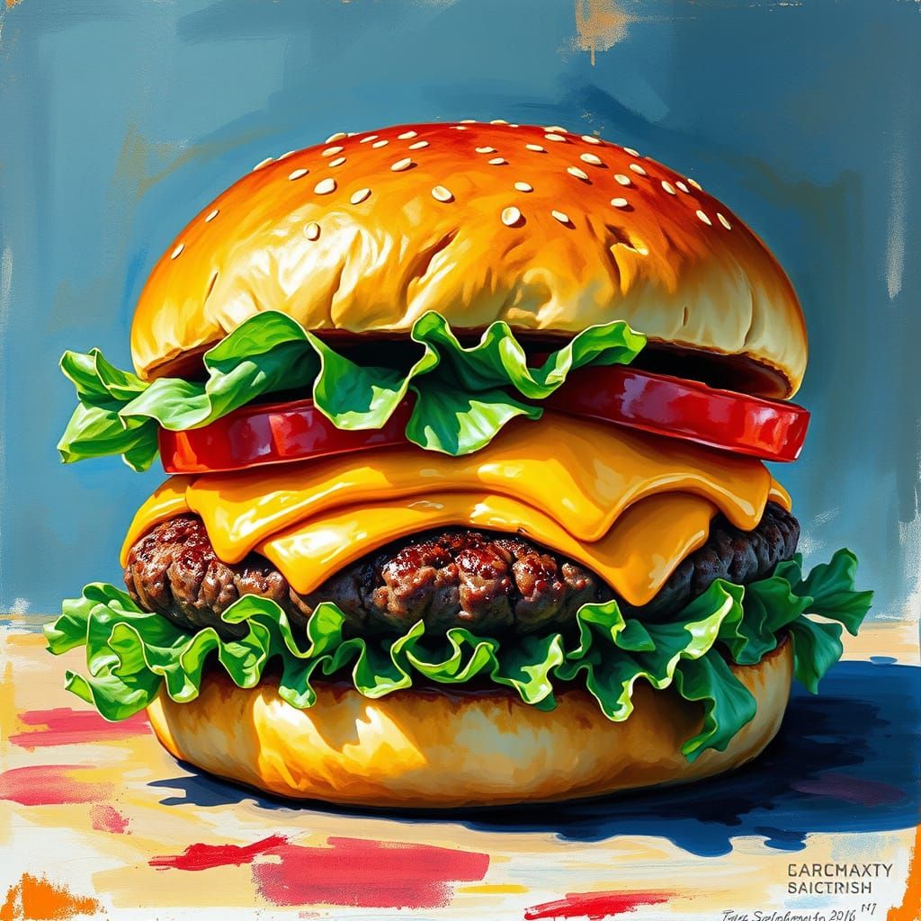 Vibrant Gouache Hamburger with Impasto Brushstrokes