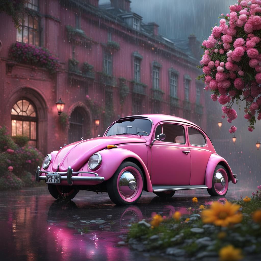 Pink Volkswagen Beetle with Flowers, Matte Painting