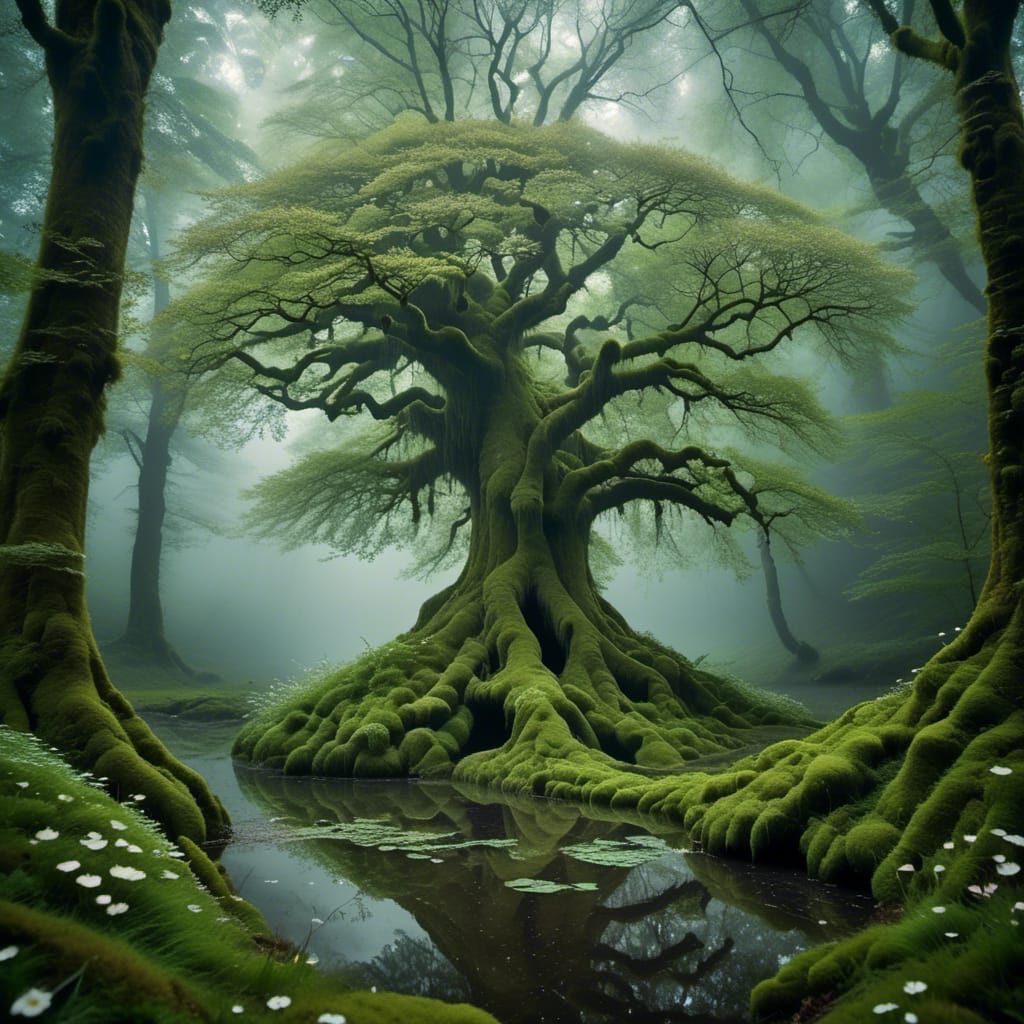 Puddles form like silver lakes upon the mossy ground