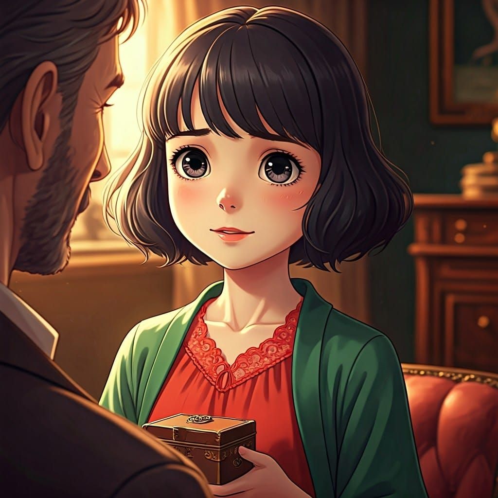 Anime-Style Maiden with Red Dress and Expressive Eyes