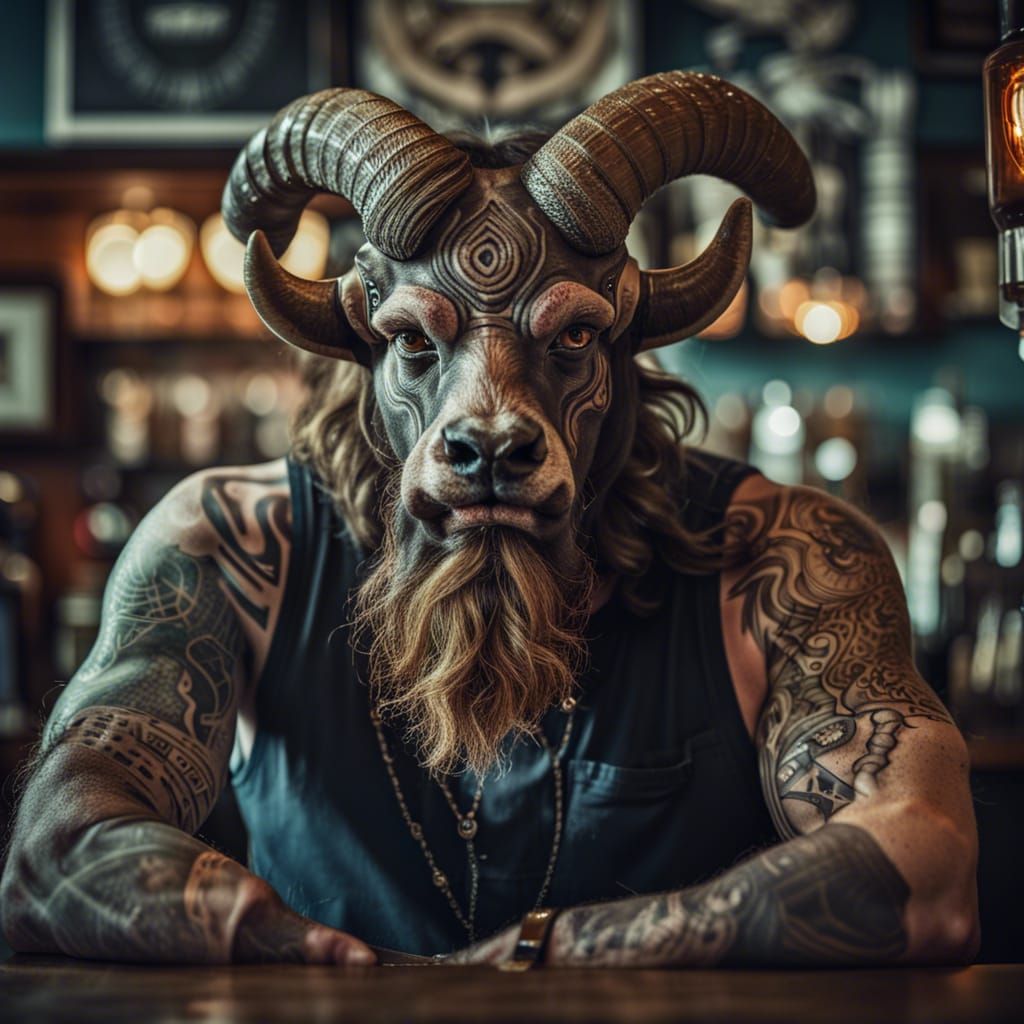 Hipster Minotaur Bartender Portrait