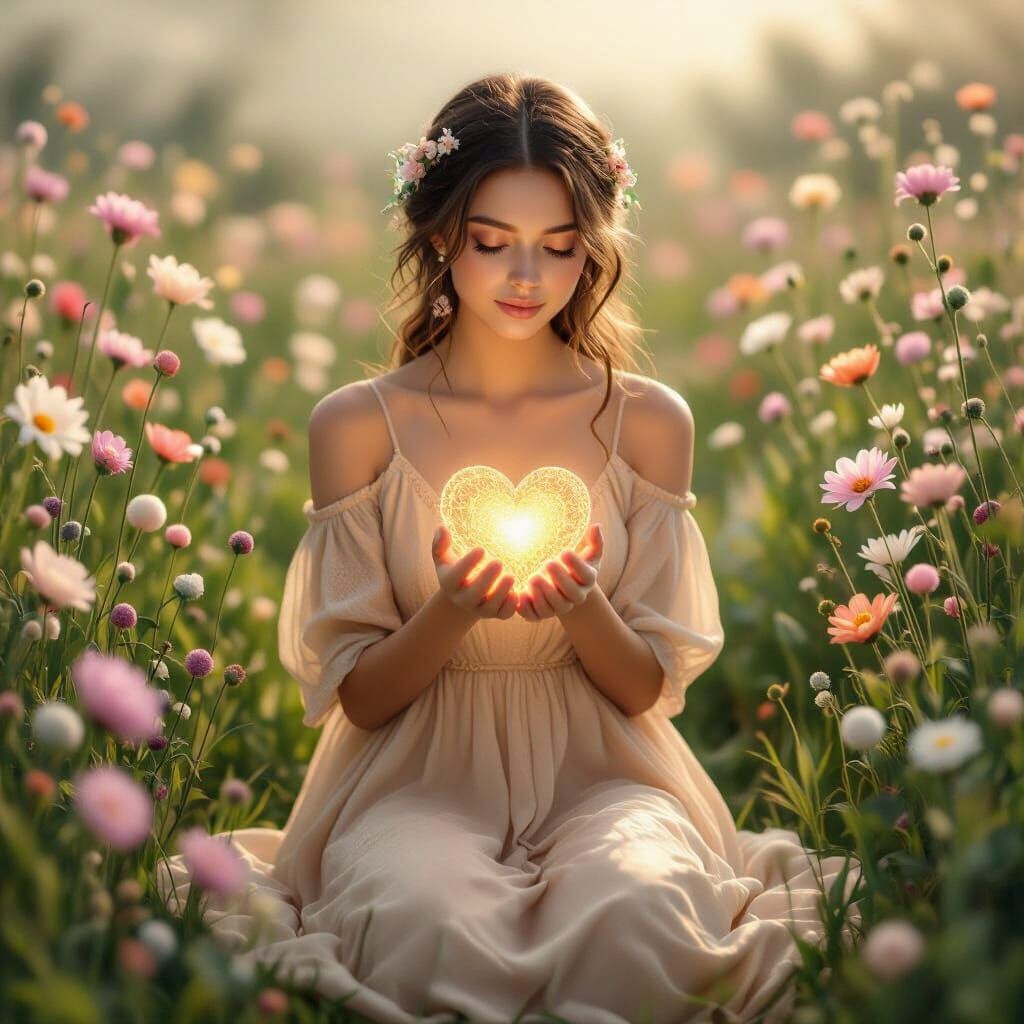 Radiant Heart: Serene Woman in Floral Meadow