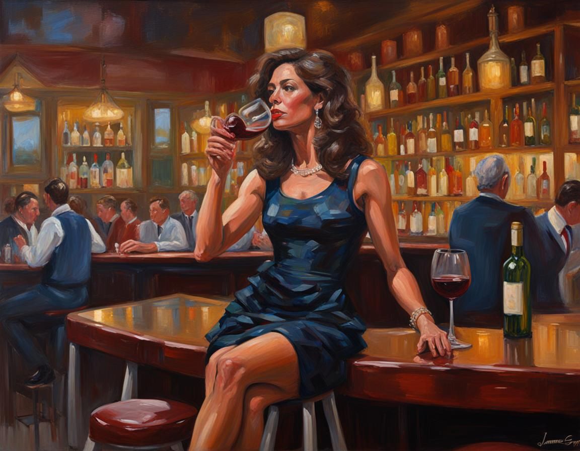 Elegant Trans Woman at Bar: Oil Painting