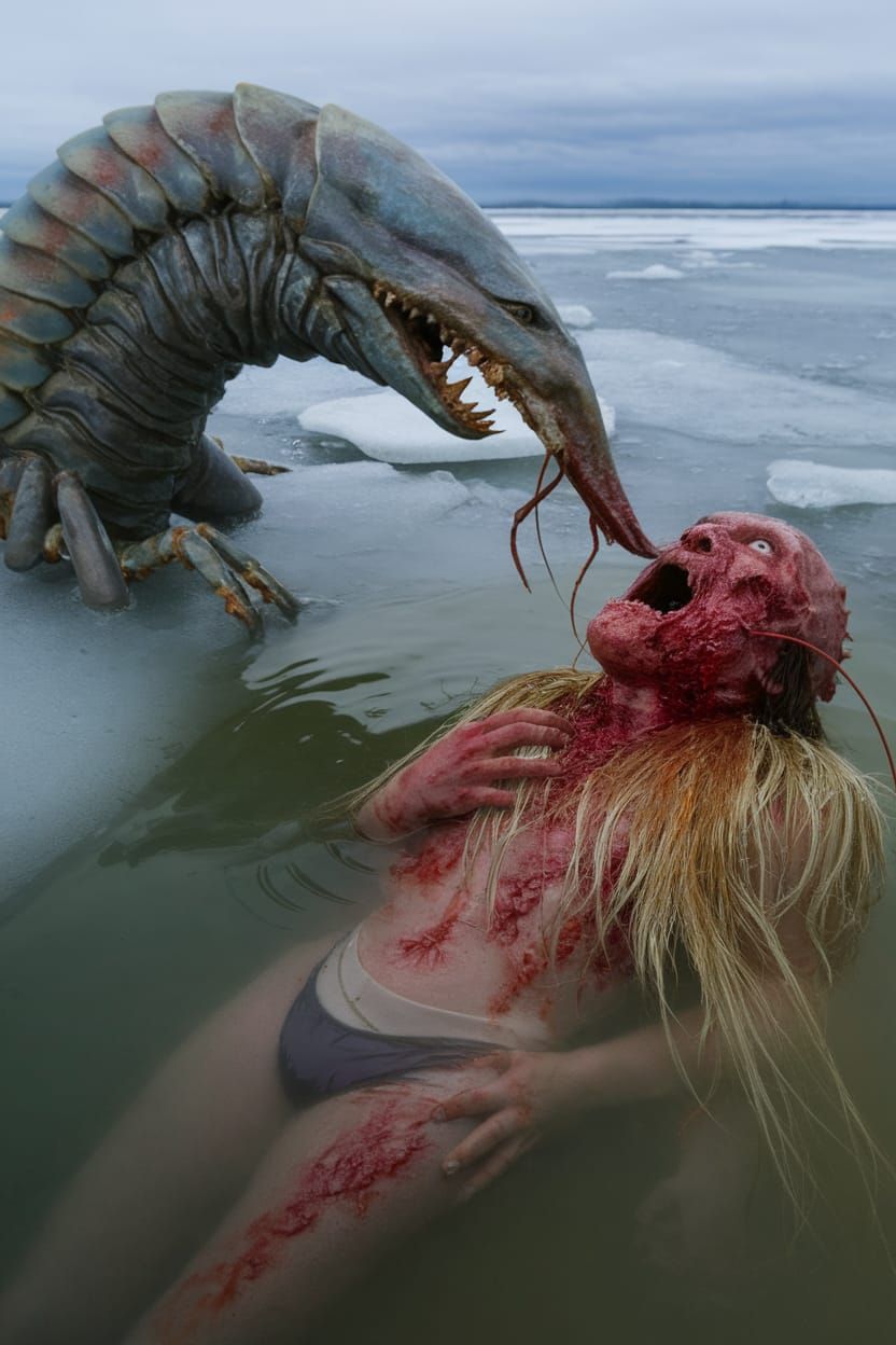Grotesque Crustacean Monster Devours Human on Frozen Ice Age...
