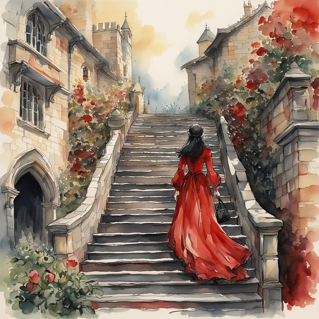 Medieval Woman Descending Stairs in Watercolor Style