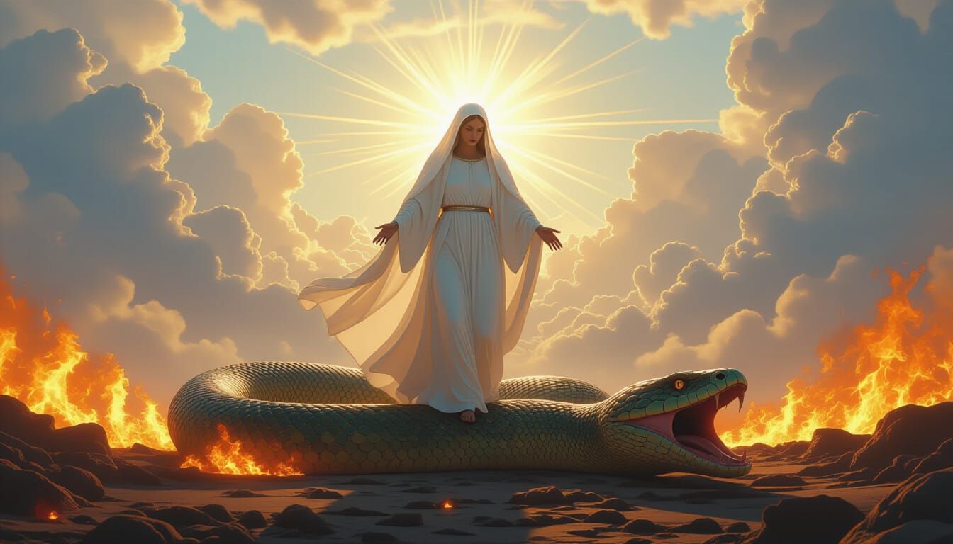 Saint Mary Conquers Serpent in Radiant Digital Art
