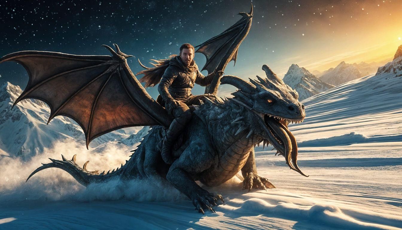 A Peaceful Hero Rides a Winged Dragon Down a Snowy Mountain