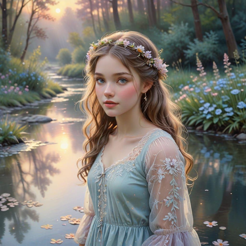 A Whimsical Young Woman Admires Her Reflection in a Serene B...