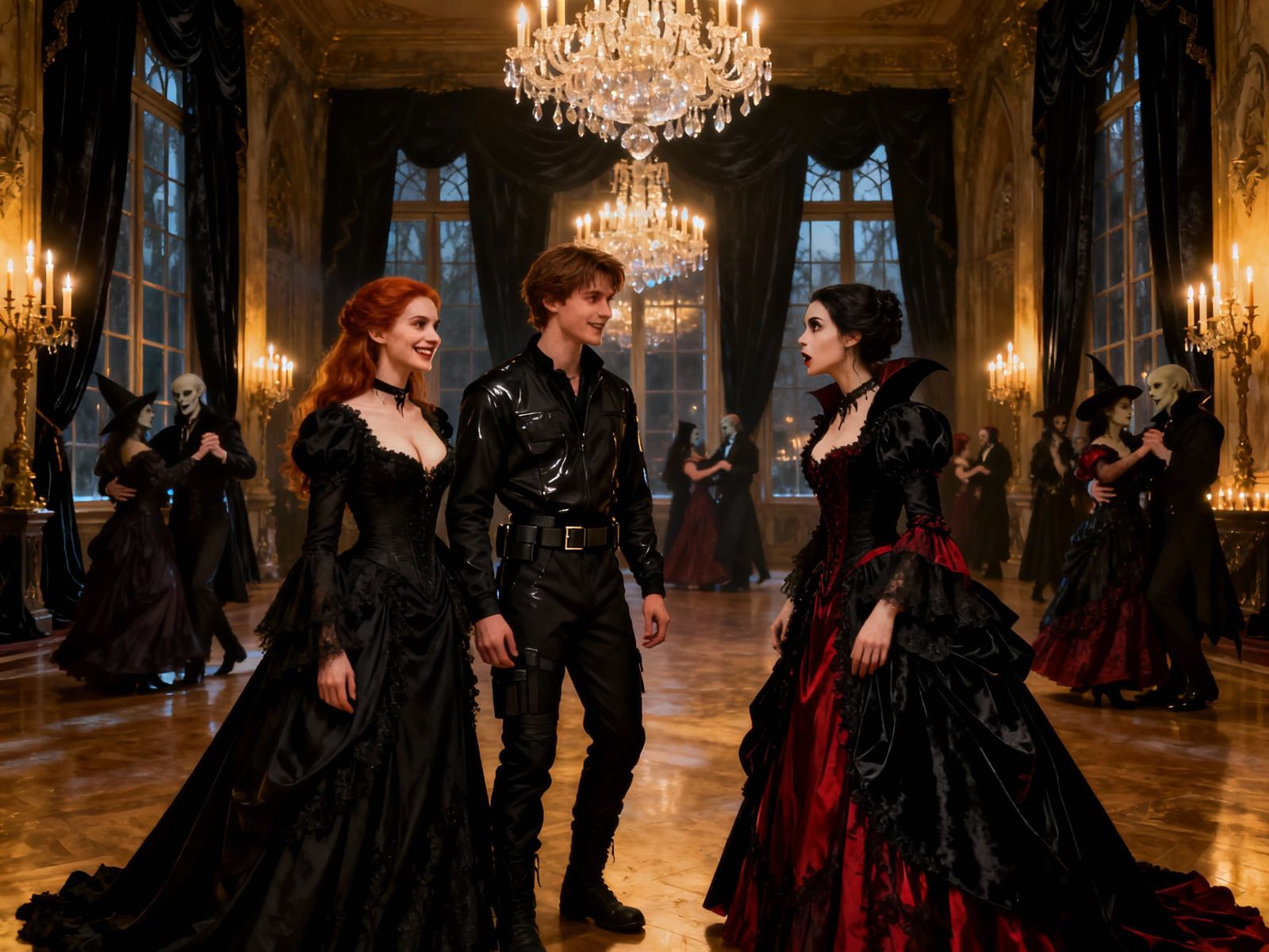 Gothic Ballroom Scene: Vampires and Witches Dancing