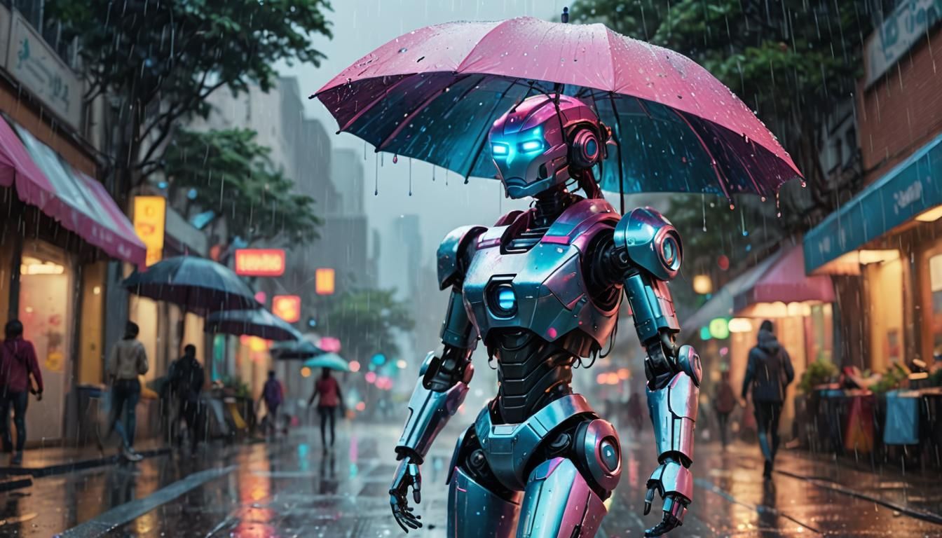 Robot Walks in Rainy Cityscape: Vibrant Digital Art