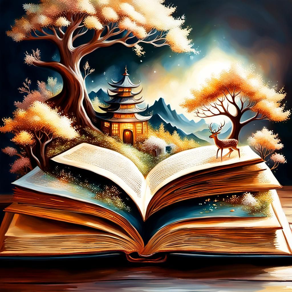 Forest Scene Unfolds from Book in Oil Painting