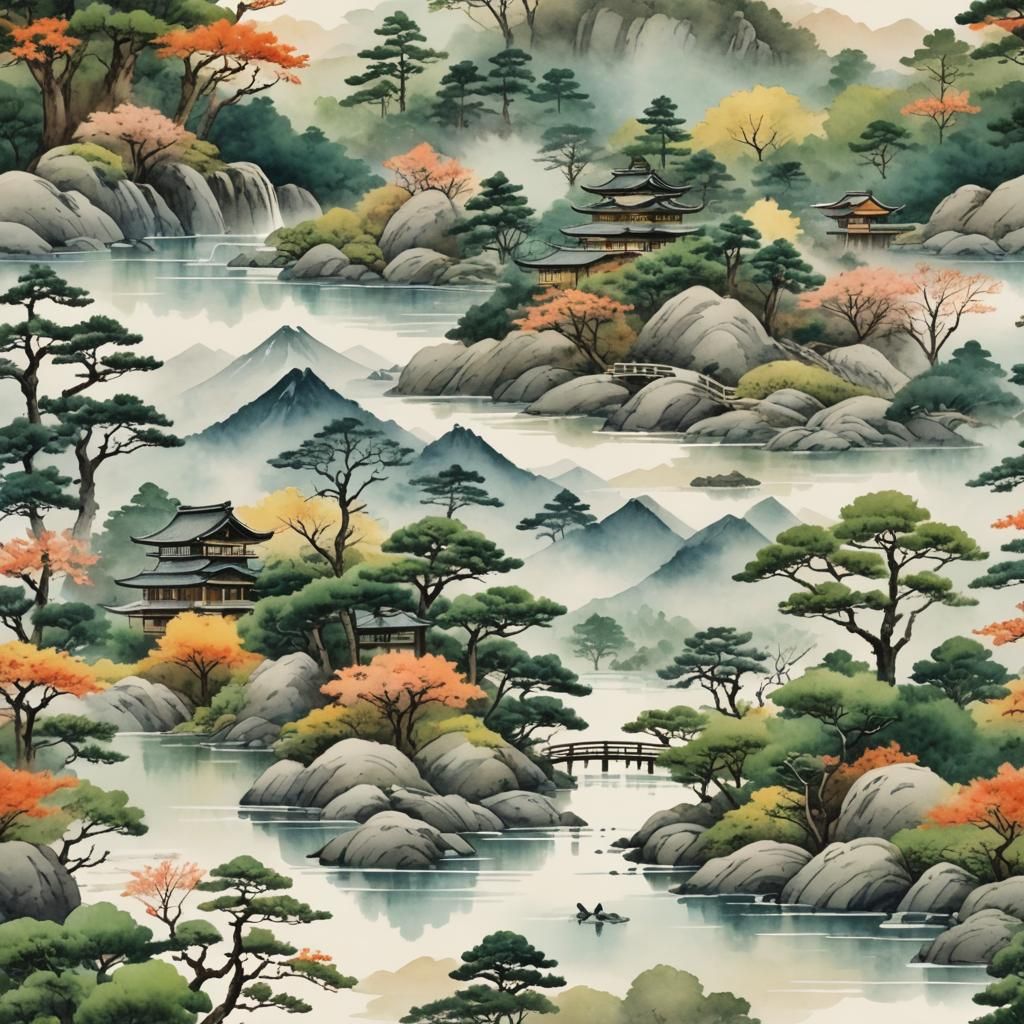 Tranquil Japanese Watercolor Landscape in Traditional Style