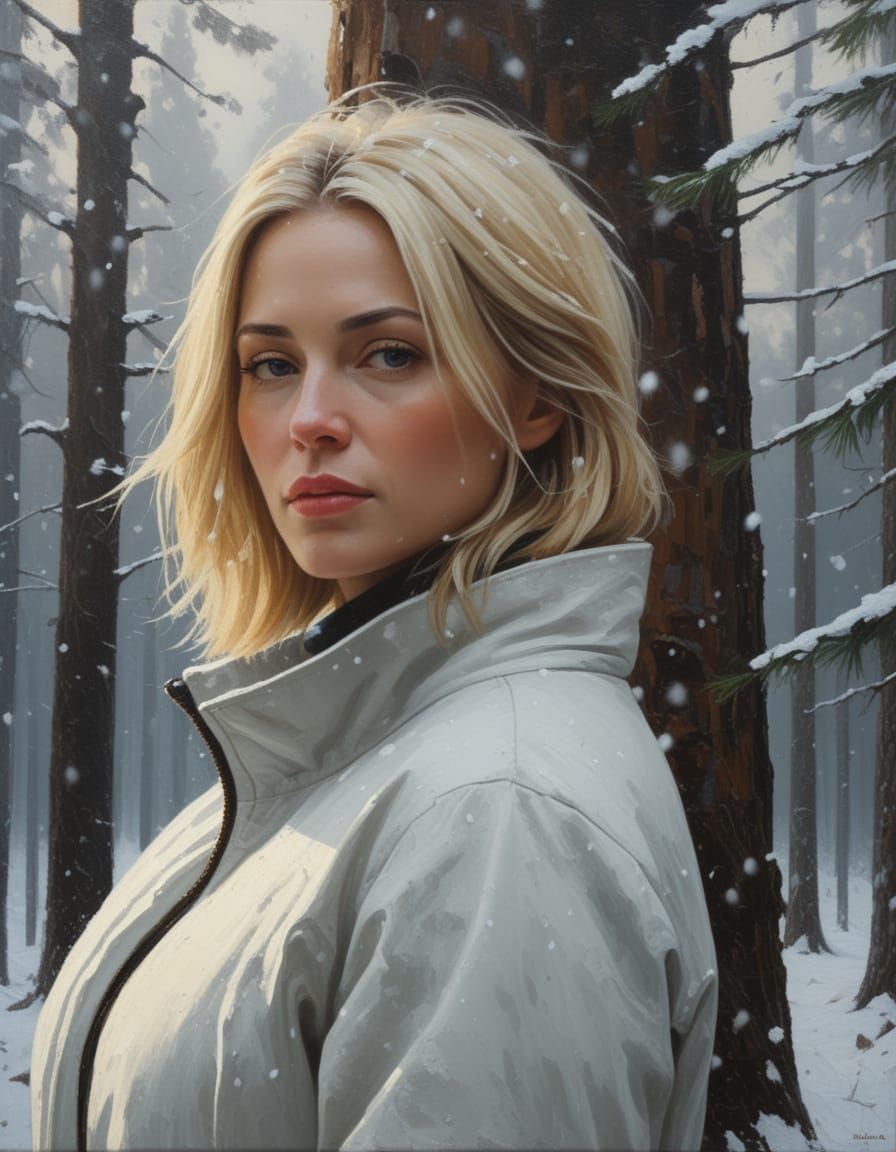 Woman in Snowy Forest by Oil Painting