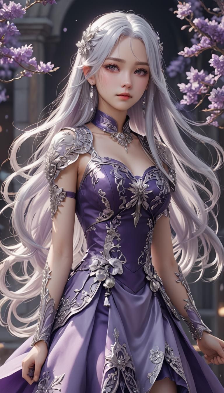 Anime Woman in Purple Dress, Digital Art