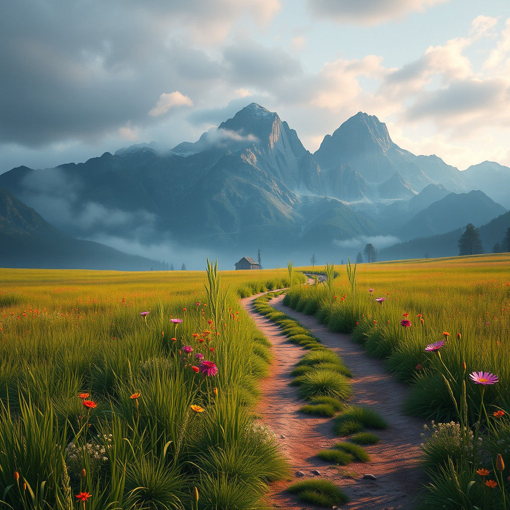Lush Path Through Wildflower Field to Misty Mountains