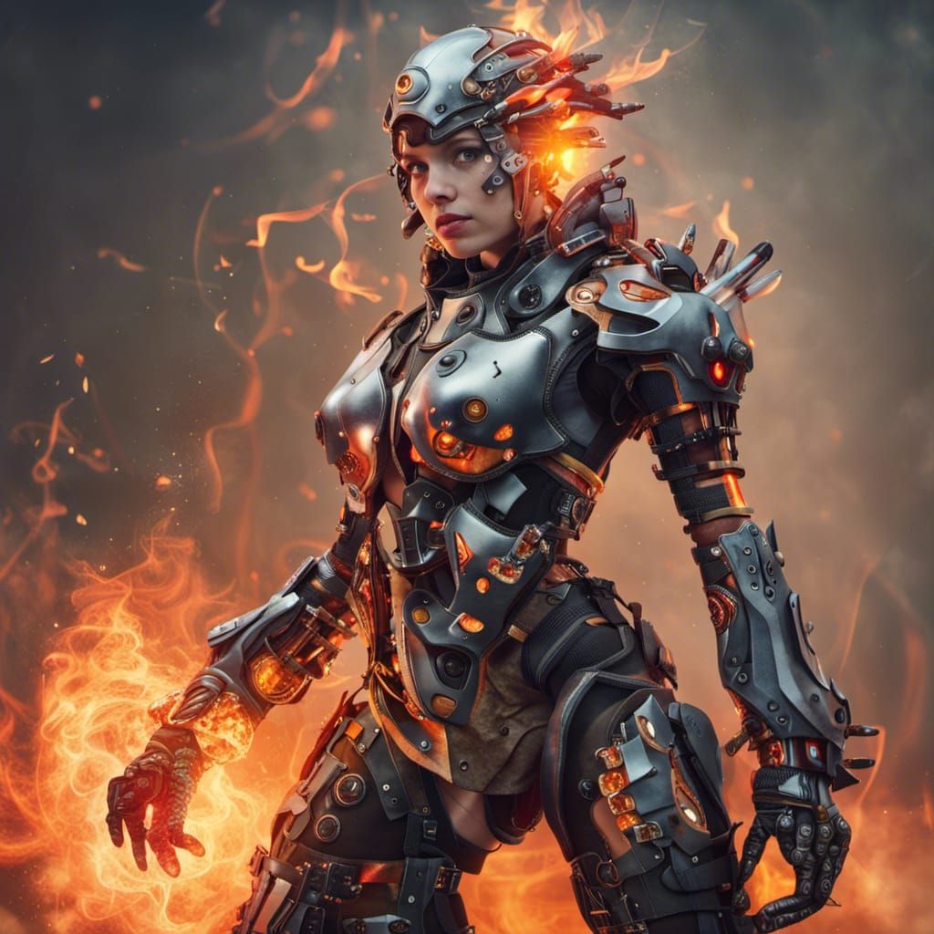 Armored Cyborg Girl Ablaze: A Full Body Portrait
