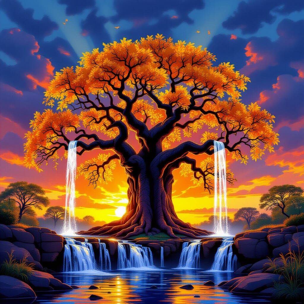 Majestic Baobab Tree With Cascading Waterfalls At Sunset